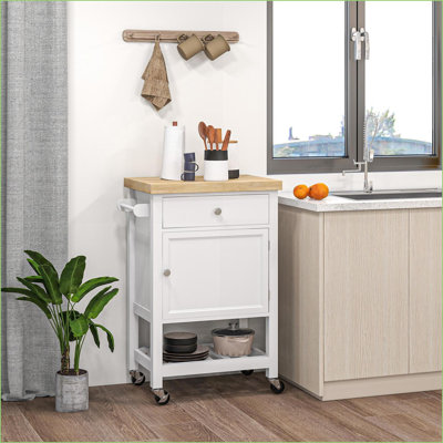 Kitchen Island Cart with Minimalist Design, Rolling Wheels &amp; Rubberwood Top | Snow White | Engineered Wood