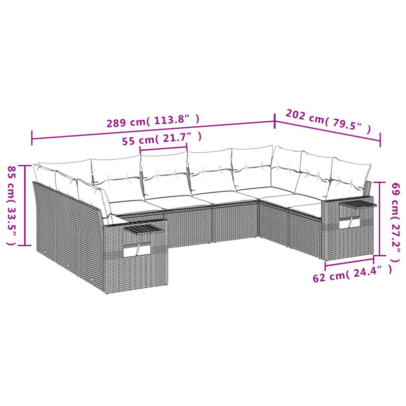 Ensemble de canapé de jardin Vidaxl PE rotin gris, acier thermolaqué, tissu de polyester