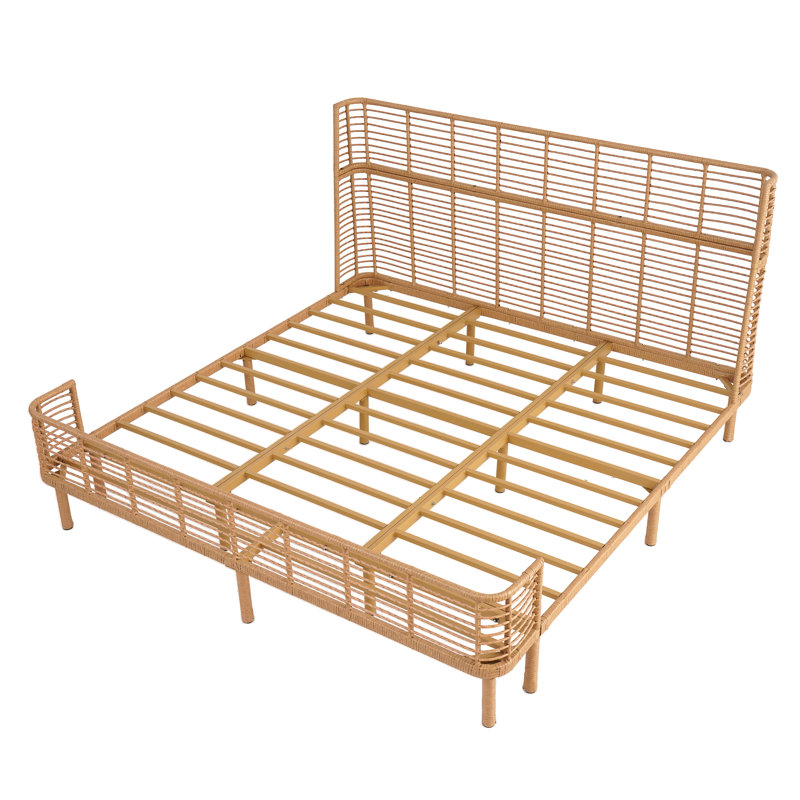 Soltera Coastal Boho PE Wicker Bed With Wing Back Headboard And Metal Frame Support, King