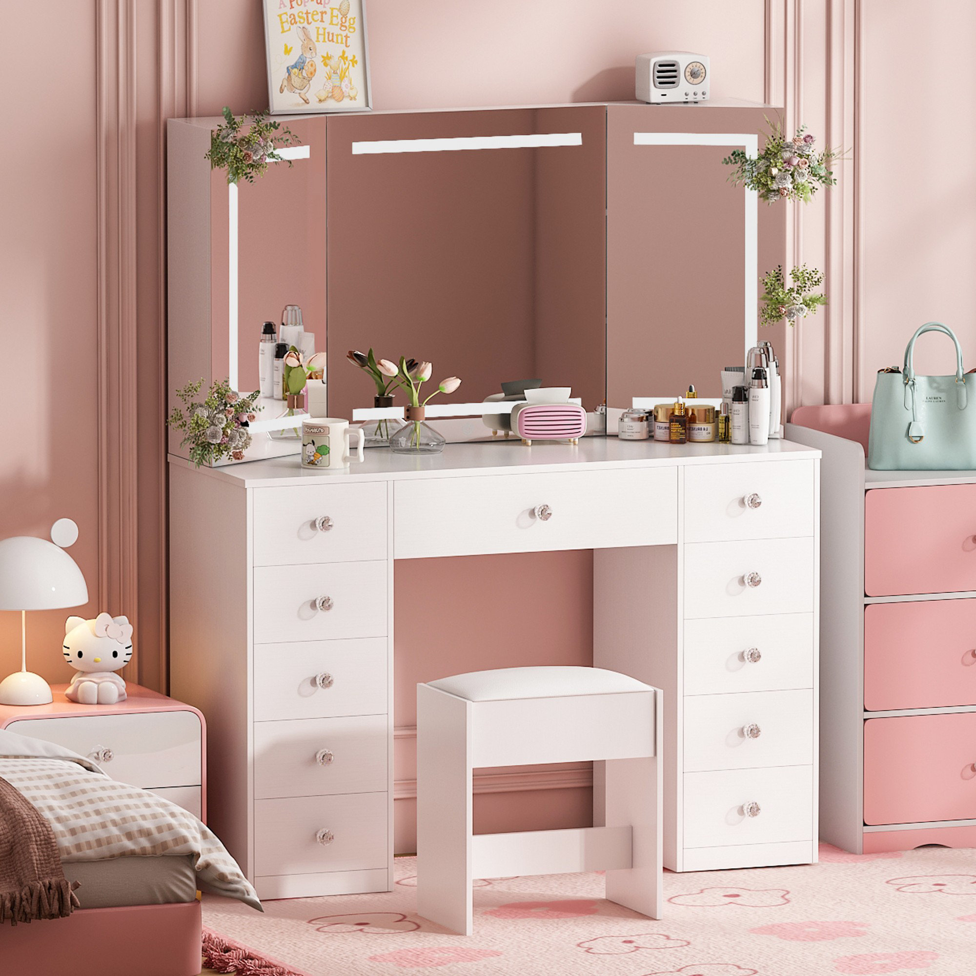 Mirror Diamond Outlets Ivy Bronx Crulits Makeup Vanity Set With - Main Image