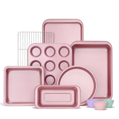 Baking Pans Sets, Nonstick Bakeware Sets 19-Piece with Round/Square Cake Pan, Loaf Pan, Muffin Pan, Cookie Sheet, Roast Pan, Cooling Rack, Carbon Steel Bake Set (Pink)