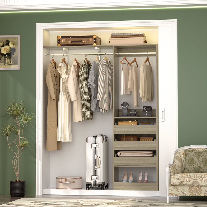 Ronnette 20"-60" Closet System with Three Wooden Drawers, Wood