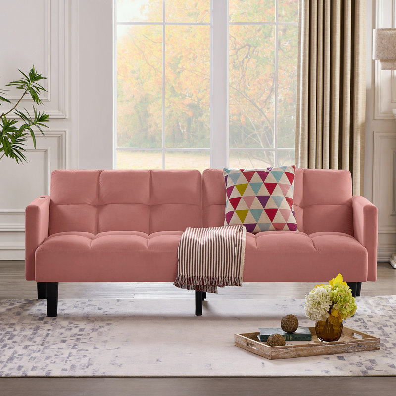 Velvet Convertible Folding Sofa Bed with side pocket, Pink
