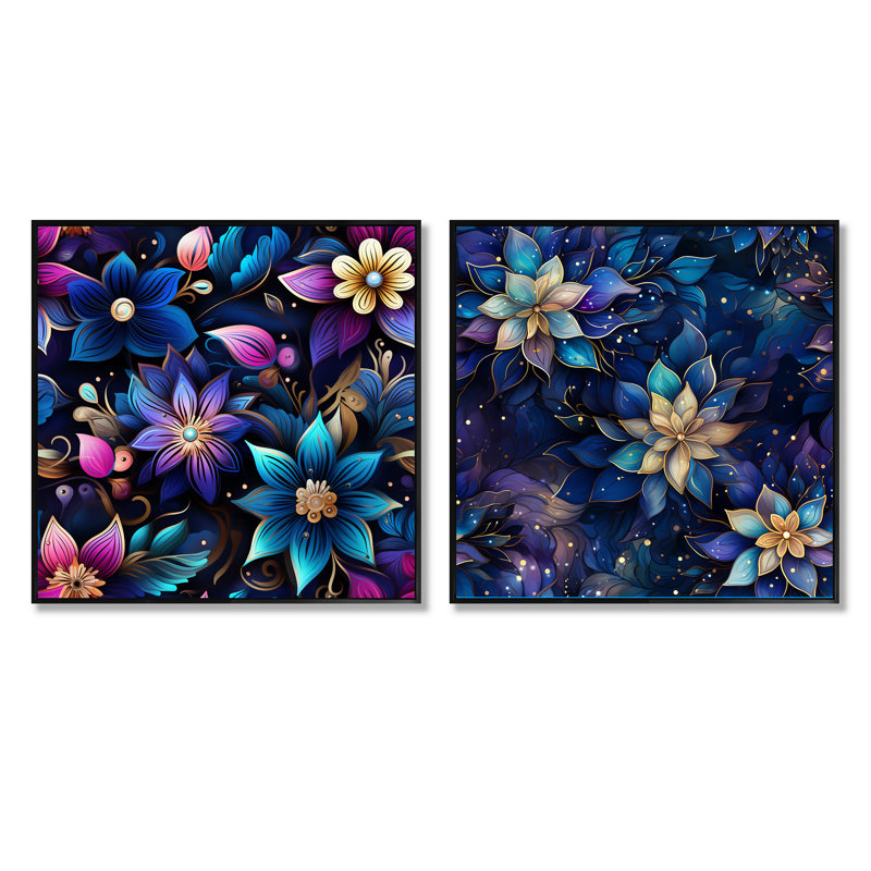 Celian - Ensemble de 2 collages floraux et botaniques carrés, Cadre flottant noir, H 30 po x l 61 po