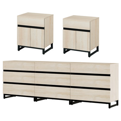 3-Piece Dresser And Nightstand Set, 94.5 Inches Dresser With 9 Drawers, 2 Nightstand With Drawer And Cabinet For Bedroom, Bedroom Furniture Set by Ebern Designs
