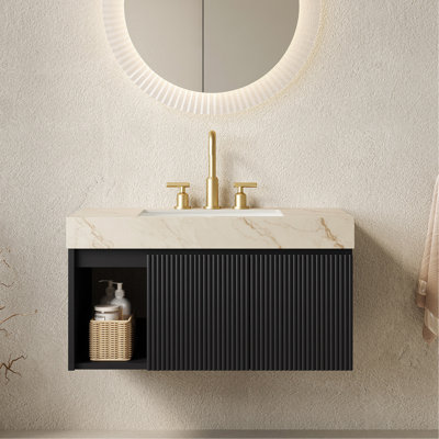 36"  Bathroom Vanity&Sink, Floating Storage Cabinet, Cream Gold Vein Sintered Stone Top&Ceramic Basin with 3 Pre-drilled Faucet Holes,Disassembled, NO Faucet and Drain Set, Black Colour