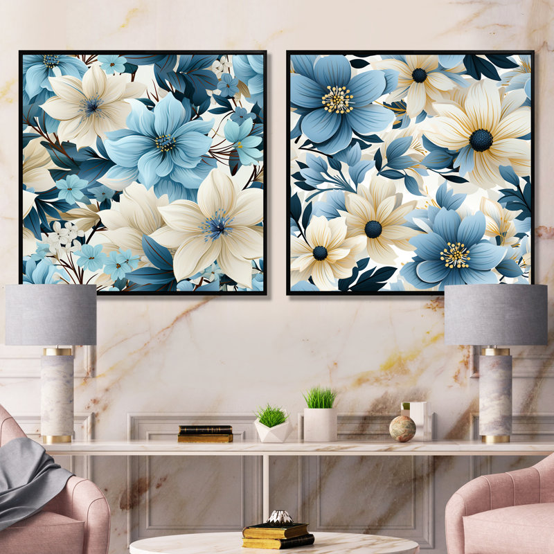 Eline - Ensemble de 2 impressions sur toile florales, Cadre noir, H 36 po x l 73 po x P 1,5 po