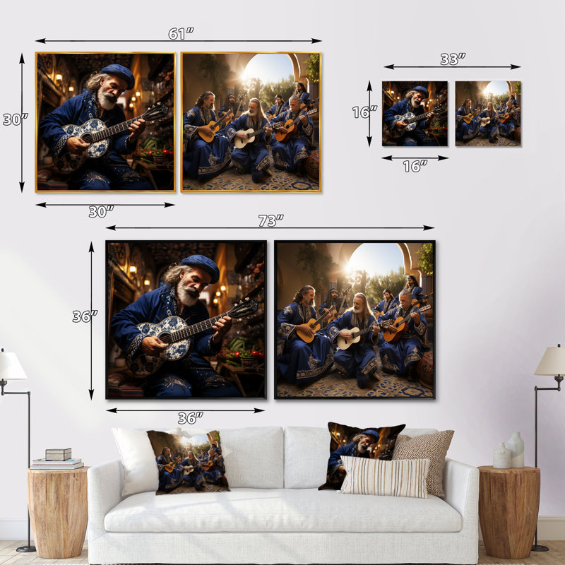 Judaïsme, guitare sépharade, ensemble de 2 collages carrés, Cadre flottant noir, H 16 po x l 33 po