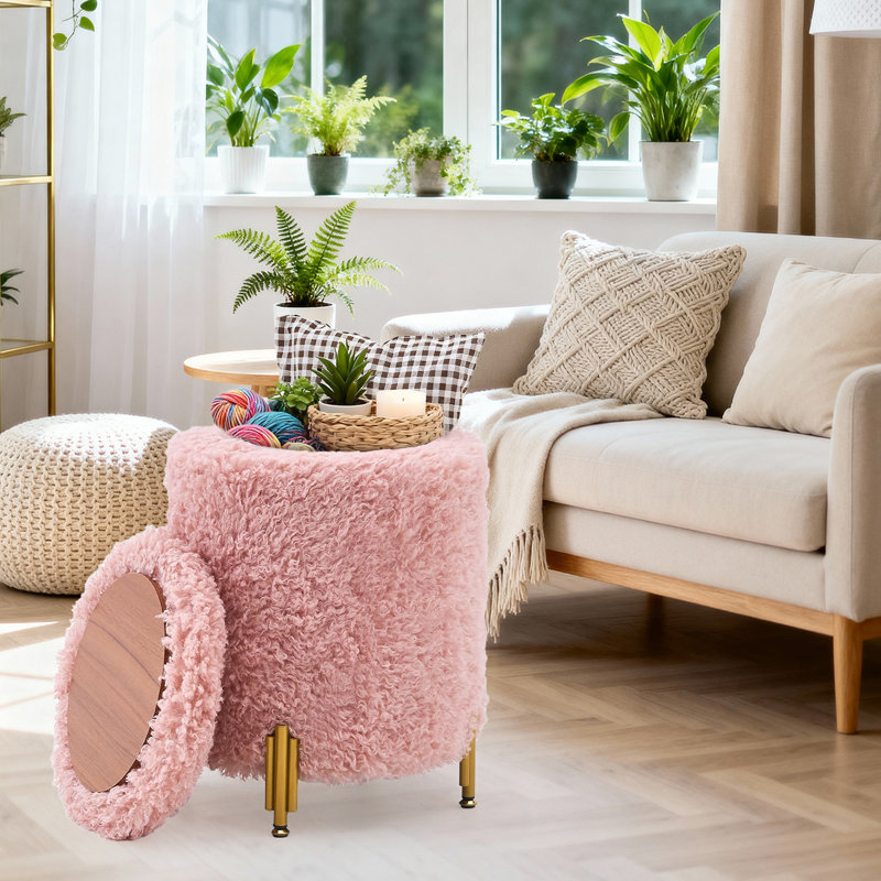 Repose-pieds rond en velours avec rangement, Rose