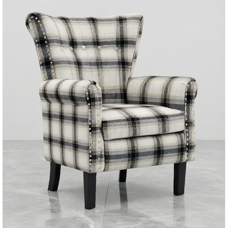 Velvet Accent Chair Upholstered Tufted Wingback With Nailhead Around For Room, Black/White Fabric