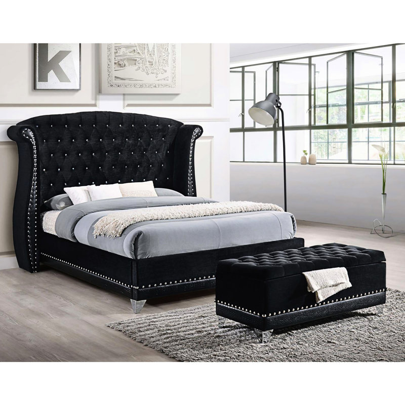 Coffre rembourré noir avec capitonnage à boutons et garniture cloutée chic - Espace de rangement en velours à la mode Smart Choice