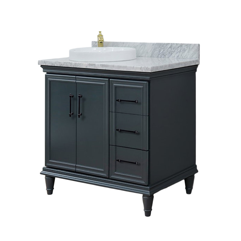 Meuble-lavabo simple 37 po avec finition Black Galaxy et lavabo rond - Porte gauche / Lavabo gauche, Blanc