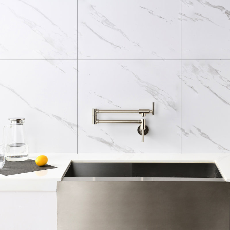 Brushed Nickel Pot Filler Faucet With Wall Mount And Folding Function - Arm For Convenient Use, Double Handles To Manage Water Flow, Corrosion Surface Treatment Mounted Kitchen In Efficient Output,