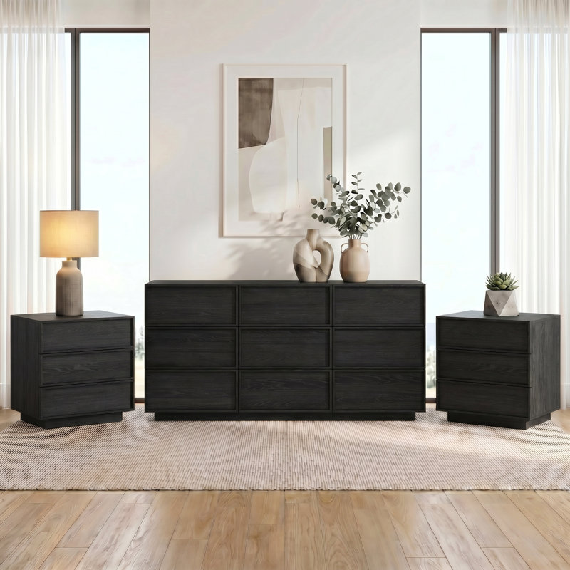 Ensemble de chambre à coucher 3 pièces (ensemble de commode 9 tiroirs et commode 3 tiroirs de 2), Noir