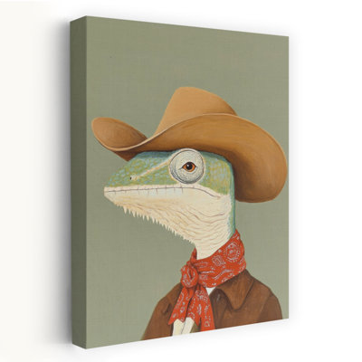 Dapper Cowboy Lizard Whimsical Contemporary Lizard Portrait Wall Art Print by Melloi Art Prints - Wrapped Canvas Print