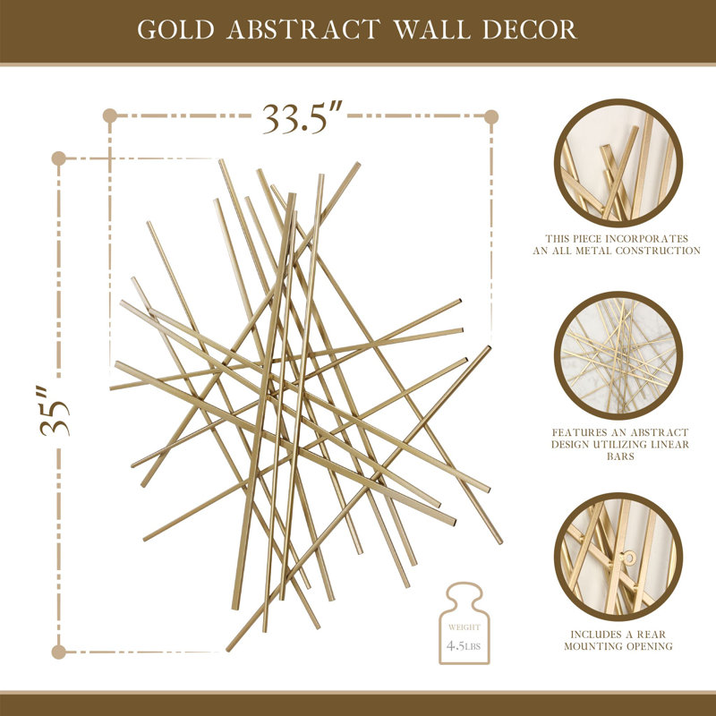 Décoration murale abstraite barre et panneau, H 35 po x l 33,5 po x P 1,25 po, Doré