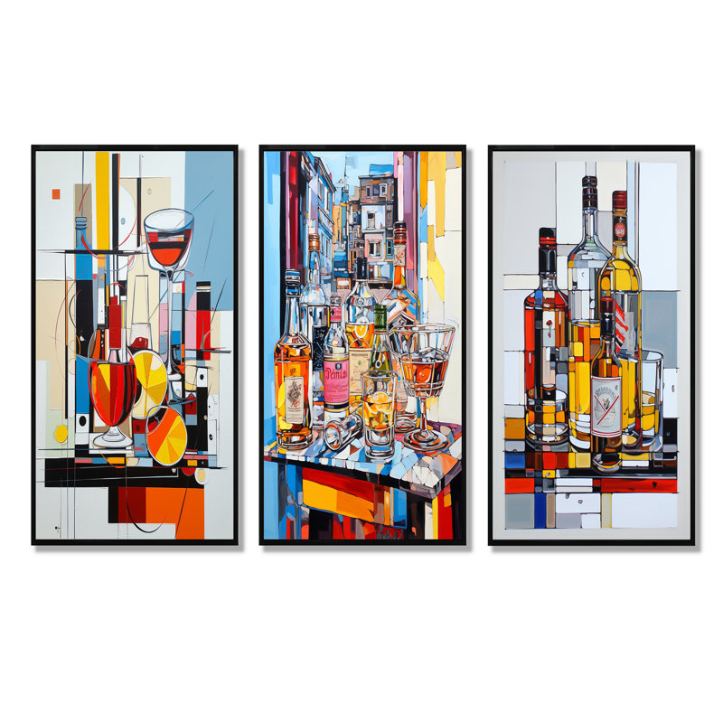 Abstrait «Popart Charm» - ensemble de 3 impressions sur toile, Cadre flottant noir, H 28 po x l 36 po