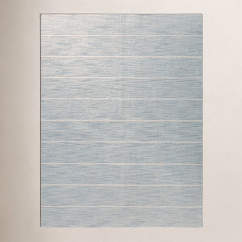 Tapis bleu / beige en laine tissé à plat à la main Aldine, Rectangle 8 pi 10 po x 11 pi 9 po