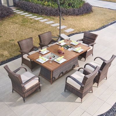 Moda 70 In. X 39 In. X 27 In. Rectangular Wicker Outdoor Gas Fire Pits Table With 6-Chairs