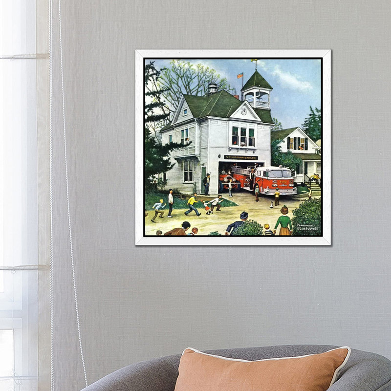 The New American LaFrance Is Here (Firehouse) by Norman Rockwell - Print on Canvas, White Framed, 45.72 cm H x 45.72 cm W