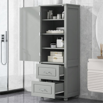 Grande armoire de rangement pour salle de bain, armoire de rangement autoportante avec deux tiroirs et tablette réglable, panneau de fibres à densité moyenne avec finition peinte