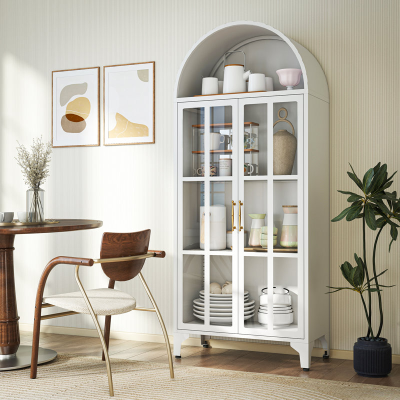 73.6" Arched Metal Storage Display Cabinet with Adjustable Shelves and Glass Doors, White