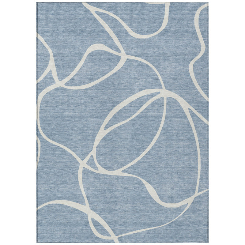 3' X 5' Denim Blue Abstract Washable Indoor Outdoor Area Rug