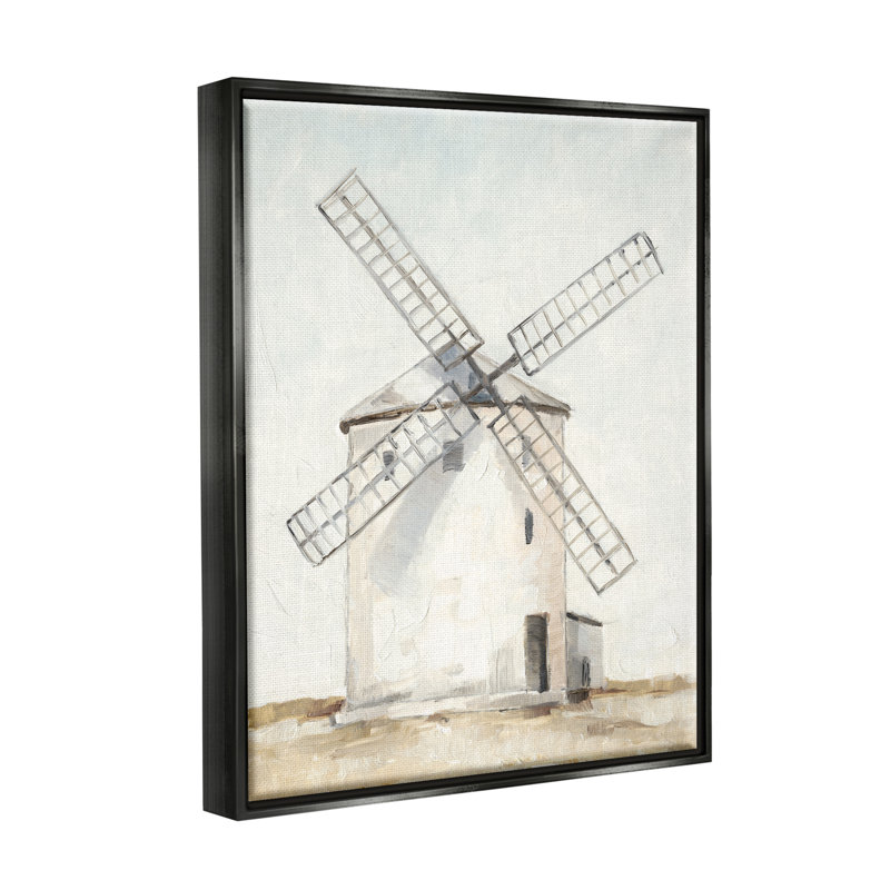 «Windmill Farm Landscape Neutral Blue Brown», peinture sur toile par Ethan Harper, Cadre flottant noir de jais