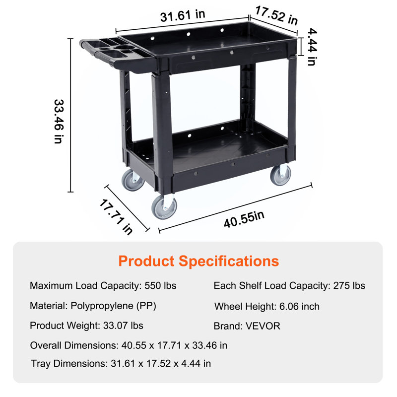 Chariot de service utilitaire, 2 tablettes, 250 kg, en plastique robuste, avec roues pivotantes à 360°, étagère à rebord moyen et poignée de rangement ergonomique. Parfait pour l'entrepôt, le garage, le nettoyage et le bureau.