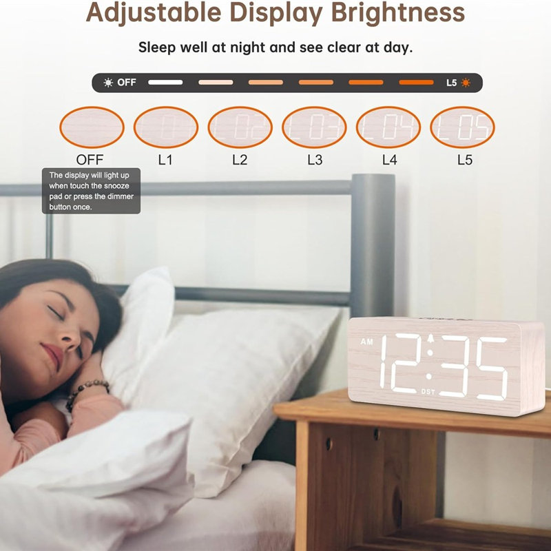 Réveil numérique en bois pour chambre à coucher avec grands chiffres