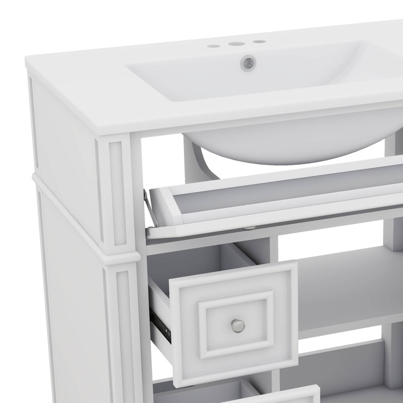 Meuble-lavabo de 30 pouces avec lavabo en céramique, unité de rangement, portes à fermeture en douceur, organisateur de porte pour les nécessités