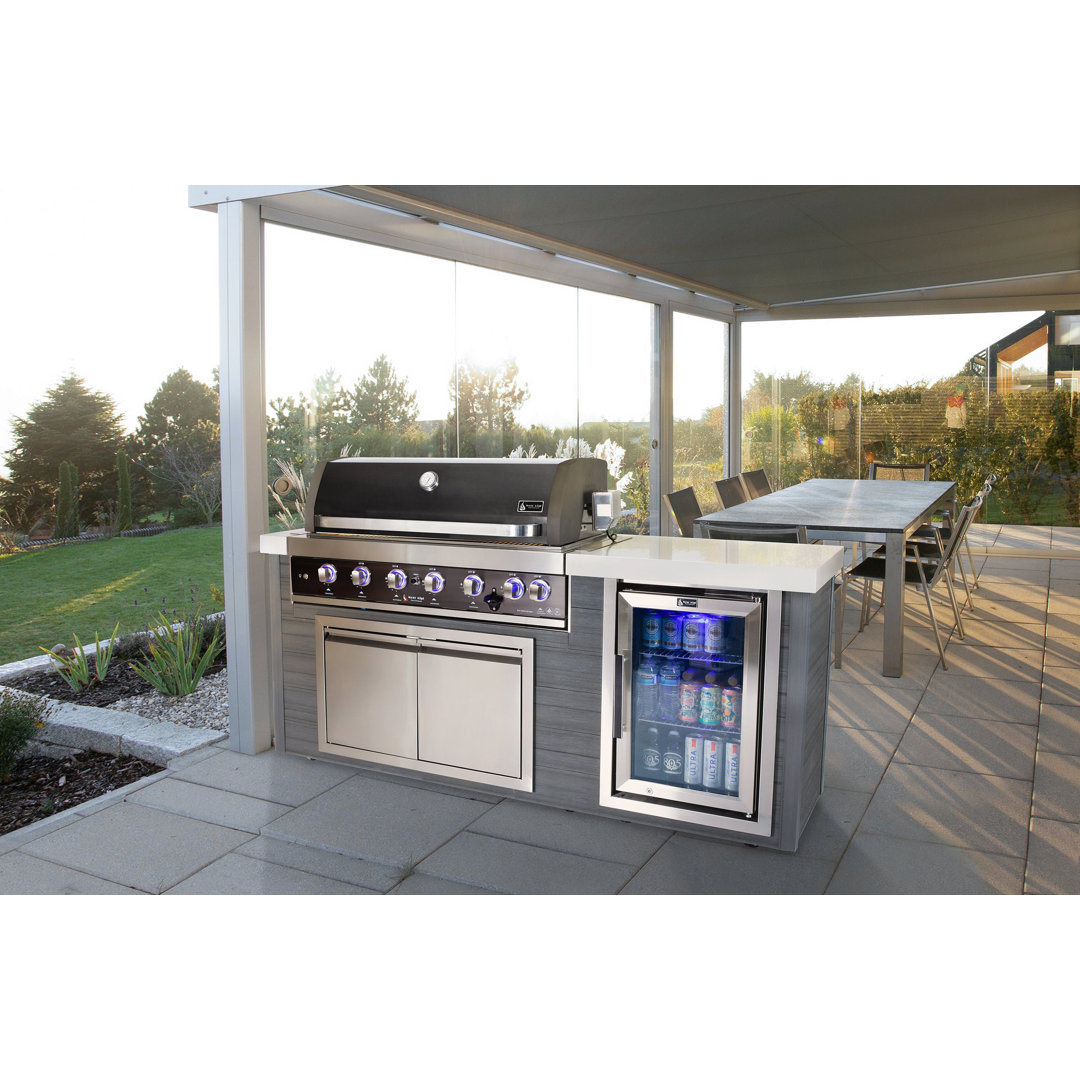 Mont Alpi MA805-AWBSS Artwood Series High Density Polyethylene 6-Burner 87000 BTU Propane Natural Gas Black Stainless Steel Outdoor Kitchen Island Grill + Granite Countertops + Double Access Doors + Refrigerator Mont Alpi
