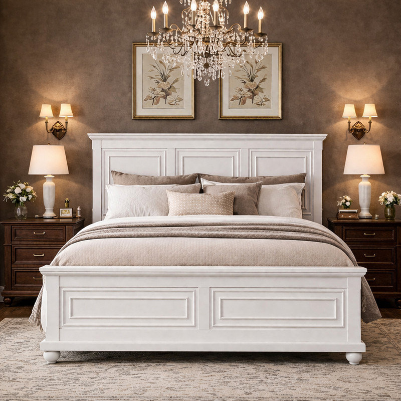 Wood Platform Bed Frame with Tall Panel Headboard and Solid Slat Support, White, King