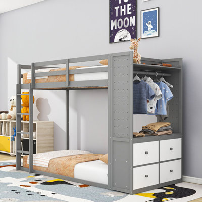 Twin-over-Twin Bunk Bed with Integrated Wardrobe, Smart Illumination, and Massive Storage