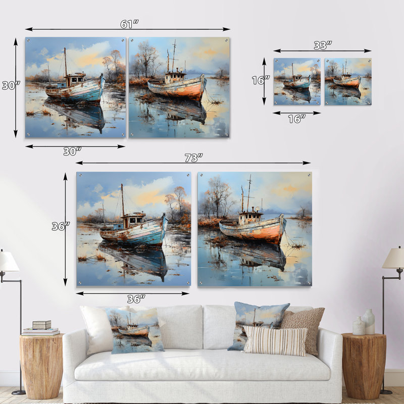 «Boat Charm In Winter» - ensemble de 2 peintures murales en acrylique, H 16 po x l 33 po