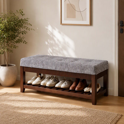 Banc d'entrée en bois d'hévéa massif, banc à chaussures rembourré avec tablette à chaussures inférieure, banc de rangement capitonné pour hall d'entrée, couloir et salon