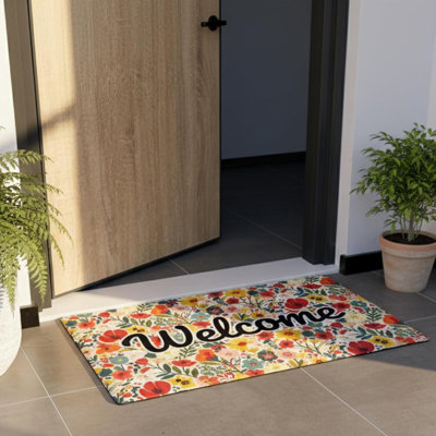 Paillasson Welcome Mat 17 x 29 po, porte d'entrée pour l'extérieur, tapis d'entrée à l'intérieur, entrée antidérapante pour l'intérieur, tapis antidérapants en caoutchouc pour l'entrée, fleur printanière