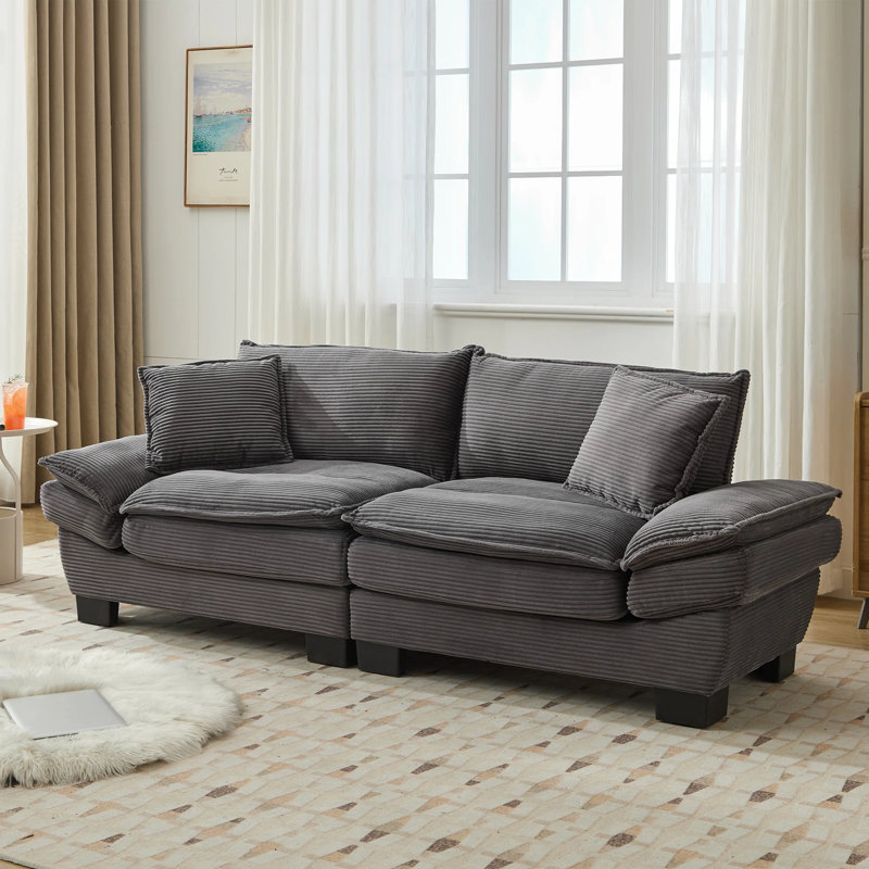 Renville 84" Upholstered Pillow-Top Arm Loveseat Sofa with 2 Throw Pillows, Gray
