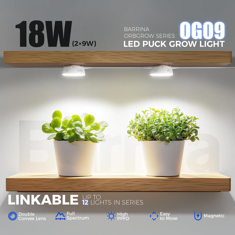 Barrina Orbgrow Og09 Puck Led Grow Light, 5000k 18w, éclairage de plantes pour plantes d'intérieur à spectre complet, 2 paquets