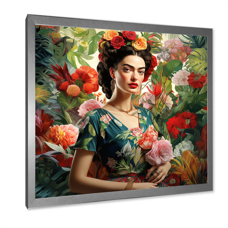 Art floral coloré, art mural mexicain coloré Frida III, Cadre simple argenté, H 16 po x l 16 po x P 1 po