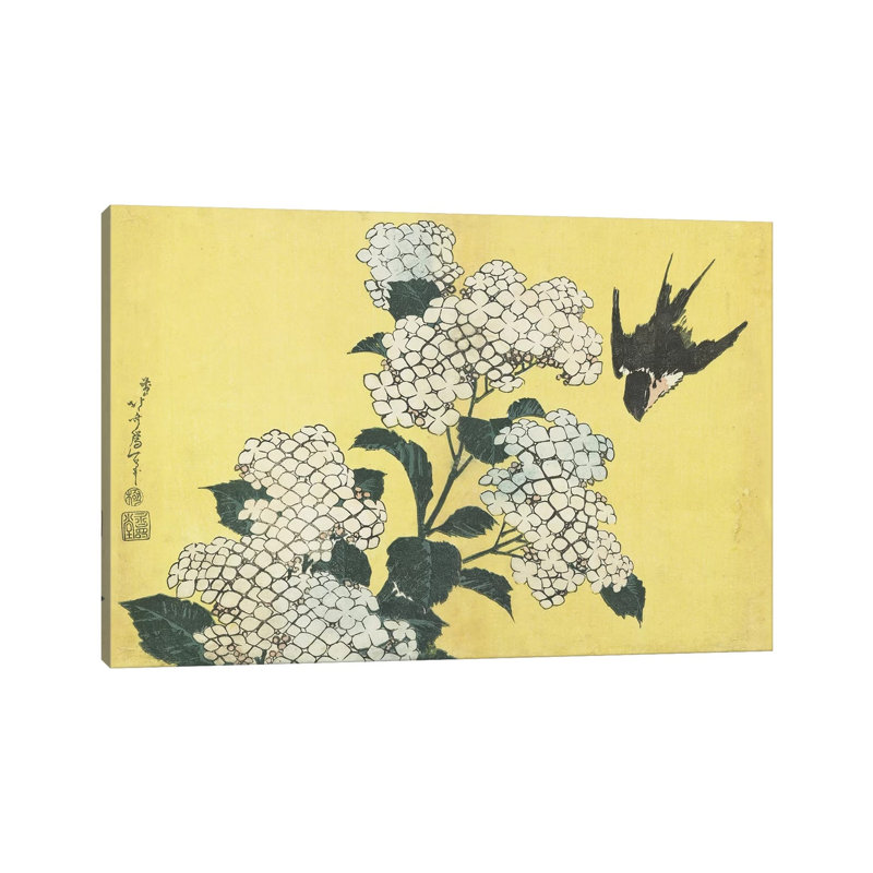 Hydrangea and Swallow, C by Katsushika Hokusai - 1 Piece Wrapped Canvas Wall Art, 20.32cm H x 30.48cm W x 1.91cm D