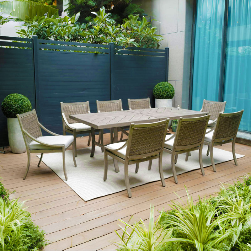 Patio Metal Rectangular Dining Set With Umbrella Hole And Cushions  For 8 Person
