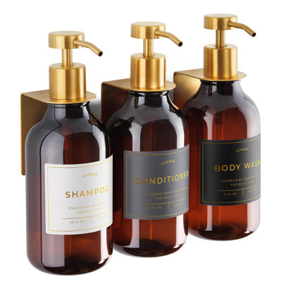 Shower Shampoo Dispenser Wall Mounted – 3 Refillable 16.9 oz Amber Bottles with Stainless Steel Pumps & No-Drill Adhesive Holders – Soap Dispenser Set for Bathroom (3 X Amber/Gold)