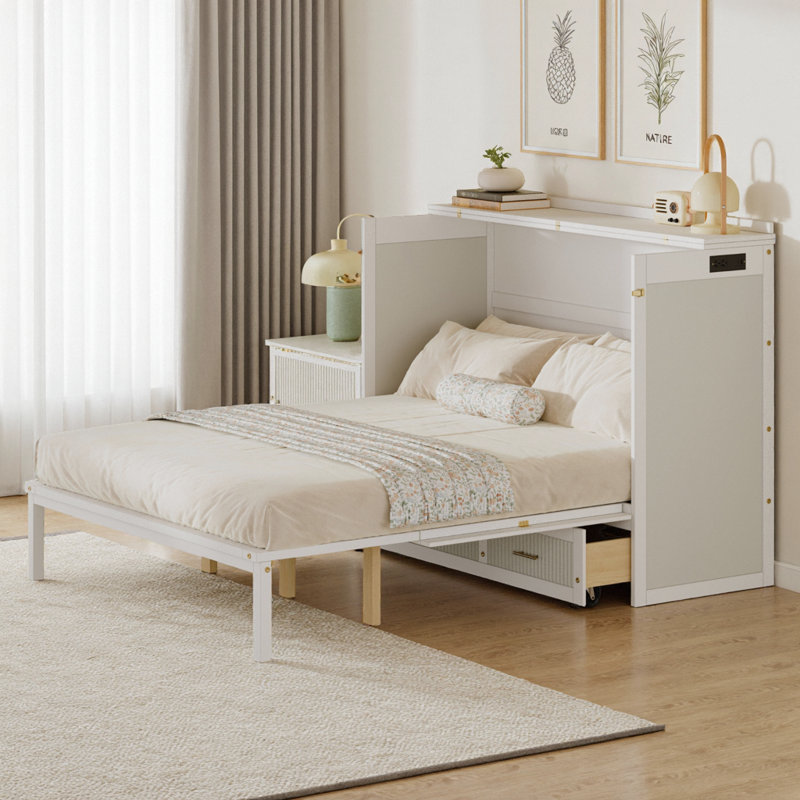 Lit escamotable multifonctionnel Joule Queen Size avec station de charge USB et Type-C, lit mural pliable vertical avec 3 tiroirs, verrouillage de sécurité et dispositif anti-basculement, lit caché gain de place