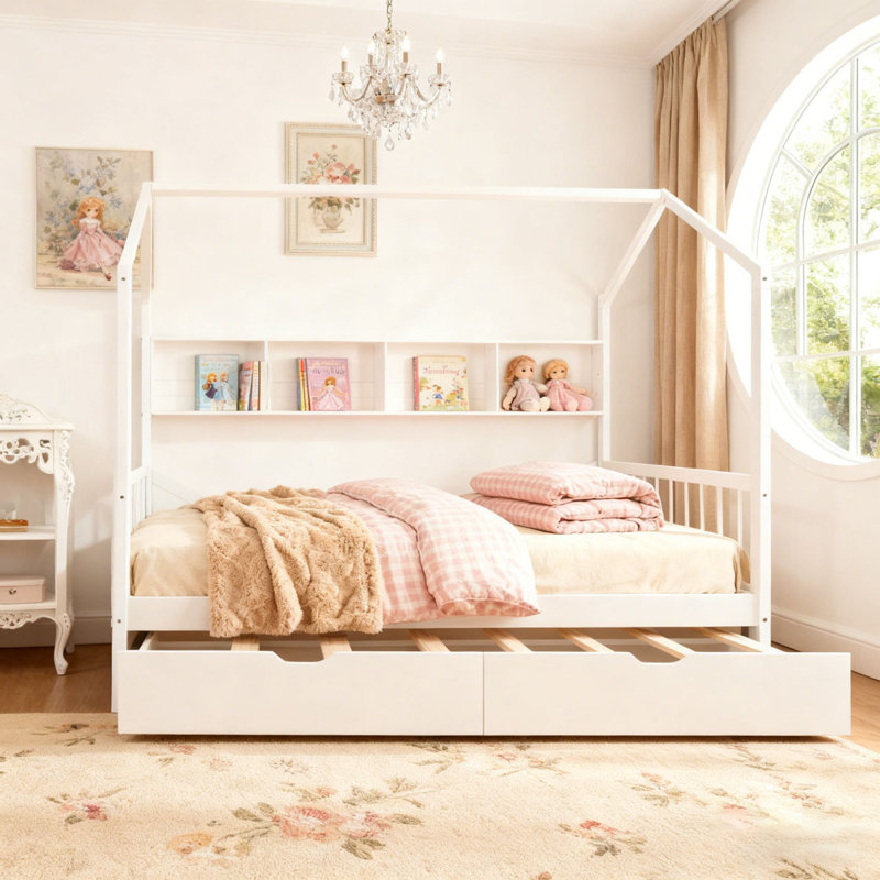 House Bed with Trundle,Kids Bed with Shelf, Twin