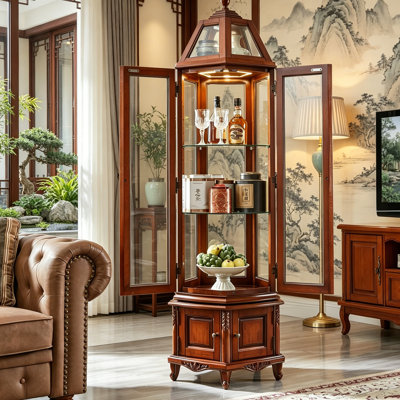 Armoire à vin 16,34 po en bois de cerisier massif brun rétro avec lumières DEL intégrées, armoire de rangement vitrée en bois sculpté à la main pour installation murale