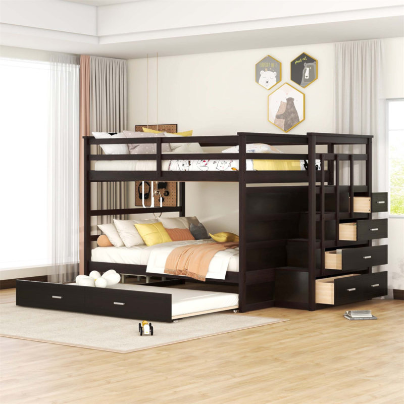 Jaleil Full Over Full Bunk Bed with Trundle and Staircase, Espresso
