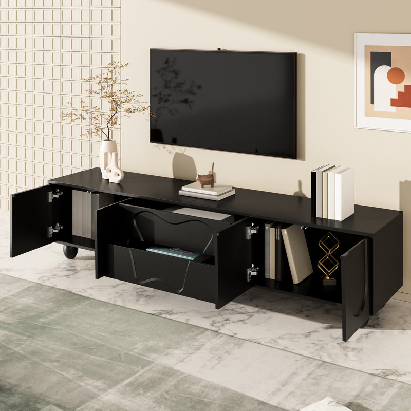 Modern Tv Stand With Curved Doors - 180Cm, Matte Finish, Wood Legs, Storage Drawers, Black