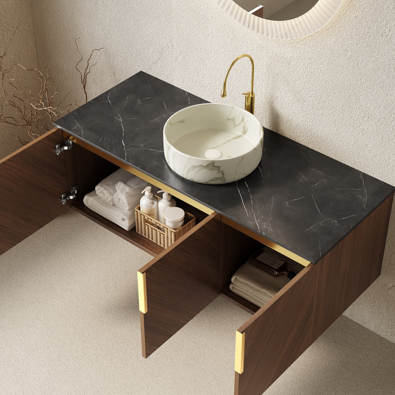 Meuble-lavabo flottant avec lavabo vasque, Rond, 48", Blanc / céramique grise