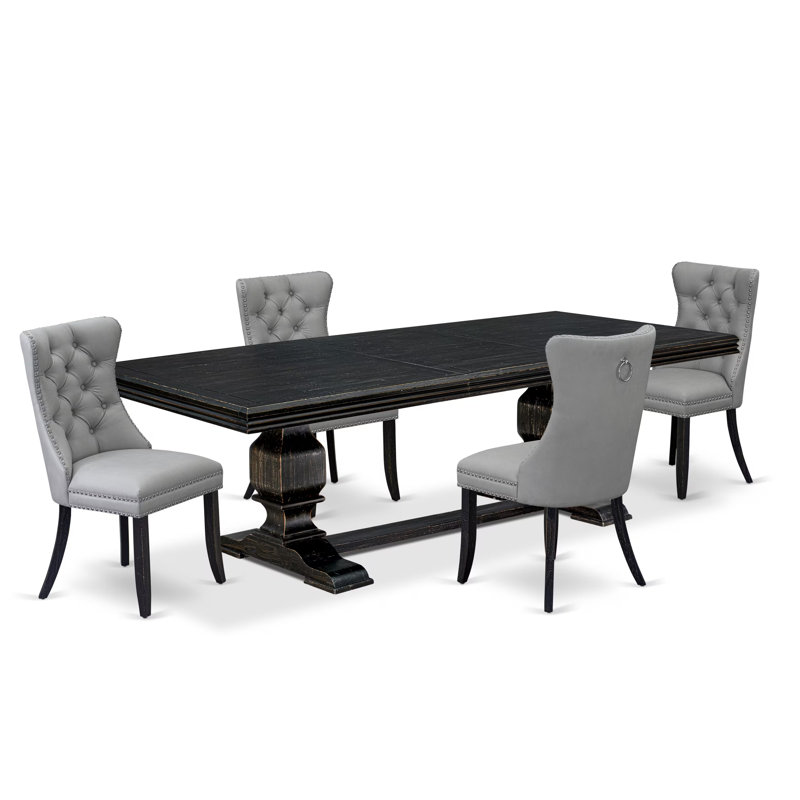 Cet ensemble de table de cuisine 5 pièces comprend une table de salle à manger et 4 chaises de salle à manger en polyester gris clair avec dossier capitonné à boutons - Finition noire sablée.
